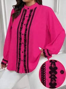 EMERY ROSE Plus Size Contrast Color Trim Collar & Cuff Casual/Work Wear Long Sleeve Shirt - Hot Pink - View 3