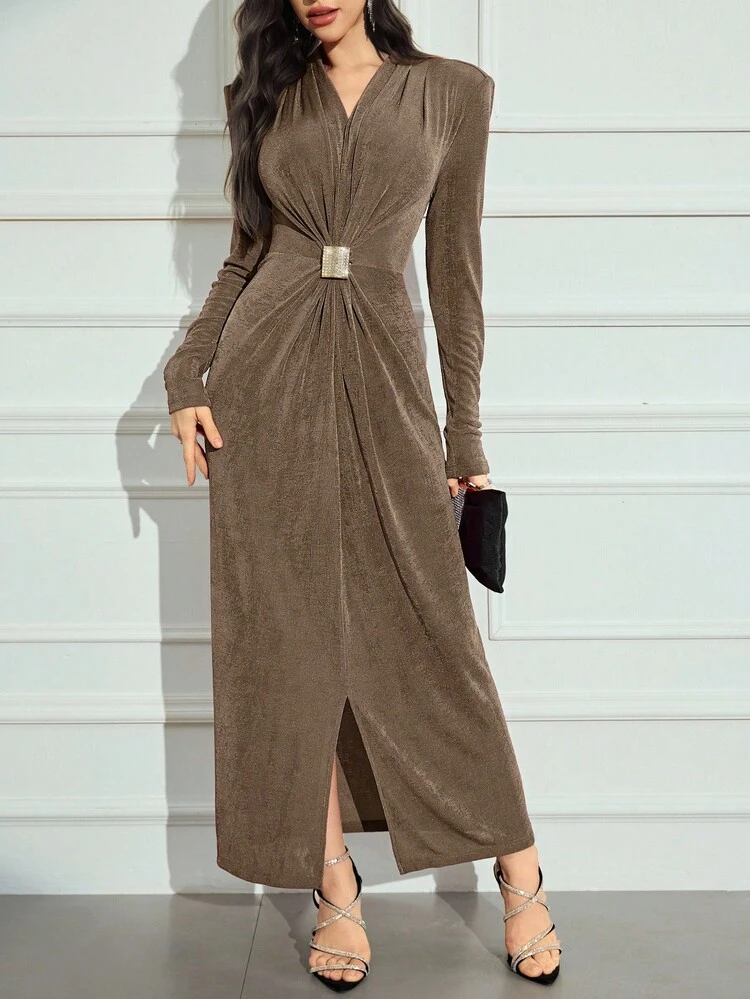 Modelyn Women Elegant Metal Accent Waist Fitted Long Sleeve Dress, Autumn Long Evening Dresses - Khaki - View 6