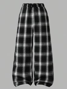 青少年女孩格子裤，适合日常通勤、休闲、上学和聚会，秋季 - 黑色 - 查看 7