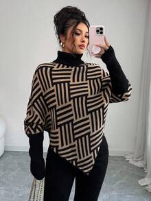 Elenzga Women's Elegant High Neck Geometric Textured Poncho Sweater, Colorblock, Suitable For Home & Travel, Spring/Autumn - Black - View 4