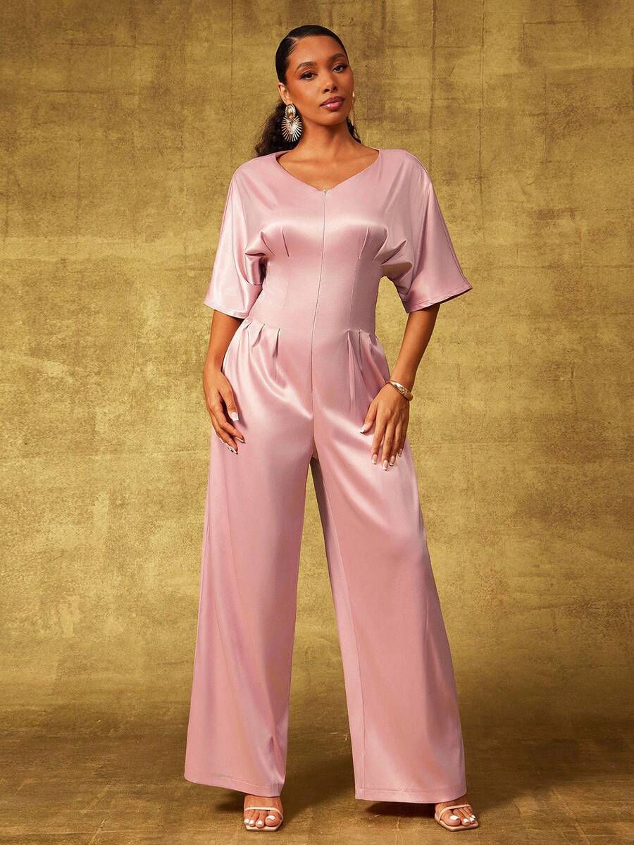 Vixey Tuta ampia con scollo a V, spalle cadenti, in raso elasticizzato, vita stretta e gamba larga - Rosa - Visualizzare 1