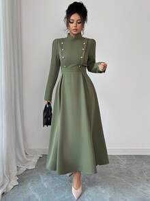 Elenzga 女士编织的优雅长款秋季连衣裙 - 軍綠色 - 查看 5