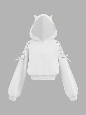 SHEIN Girlism Tween Girl Halloween Fashionable Street Style Ear Hoodie Long Sleeve Drawstring Casual Pullover Sweatshirt Hoodie For Girls Bow Hoodie Cat Ear Hoodie White Hoodie Cute Hoodie Fall Winter