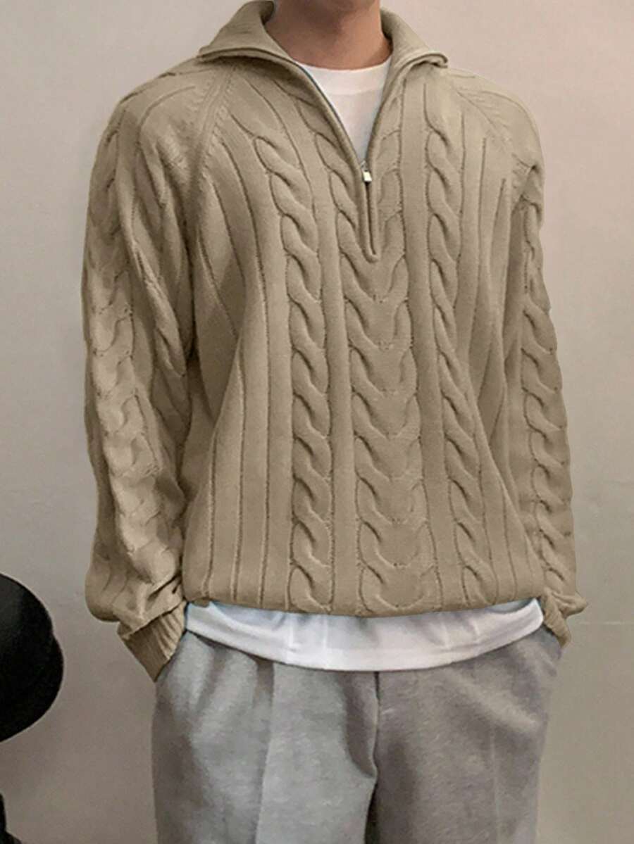 DAZY Solid Color Khaki Half-Zip Men Sweater, Autumn/Winter