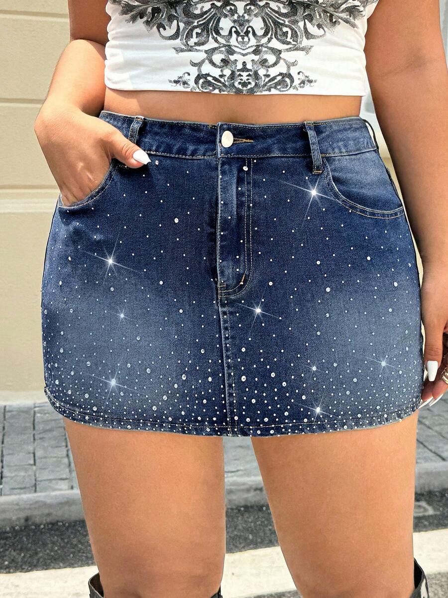 SHEIN Unity Plus Size Sexy Rhinestone Washed Blue Mini, Summer Blue Jean Skirts Rhinestone Skirt Denim Skirt Dark Denim Skirt - Dark Wash - View 1