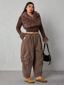 EMERY ROSE Plus Size Women's Elastic Waist Green Full Cotton Denim Harem Cropped Pants - Coffee Brown - View 6