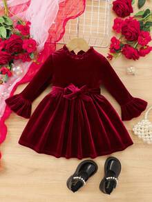 SHEIN Vestido de manga larga de terciopelo burdeos elegante para niña bebé
