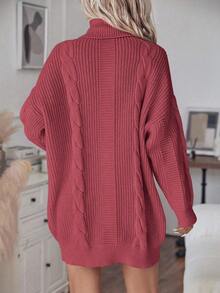 EMERY ROSE Women's Casual Knitted Dress With High Neck, Drop Shoulder, Long Sleeve, Cable Pattern, Suitable For Autumn/Winter - Rose Red - View 2
