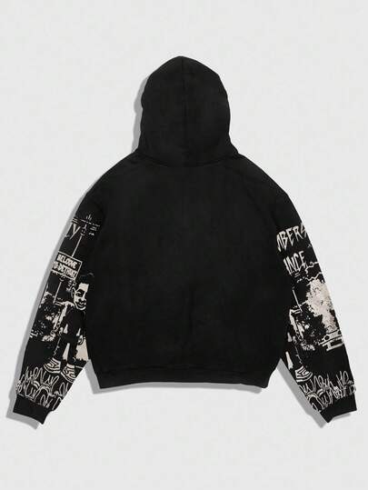 Street Life Sudadera con capucha con cremallera, cordón y estampado de letras y personajes de dibujos animados para hombre, para otoño