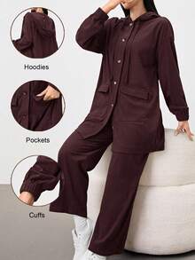 Mulvari 2pcs Khaki Women Casual Daily Hooded Shirt And Pants Set, Autumn/Winter 2 Pieces Set - Coffee Brown - View 3