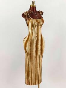 Y2K Amplova 复古浪漫大领口细肩带蝴蝶结露背褶皱高开衩修身长裙 金色鸡尾酒礼服 金色服装 金色套装 女装 - 金色 - 查看 4