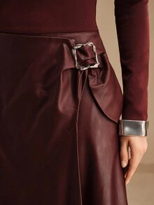 Anewsta Vestido elegante de manga larga de punto y PU para mujer en otoño/invierno, vestido ajustado de línea A largo en color burdeos, estilo streetwear, adecuado para otoño, invierno, Año Nuevo, fiestas, bodas - Burdeos - Ver 3