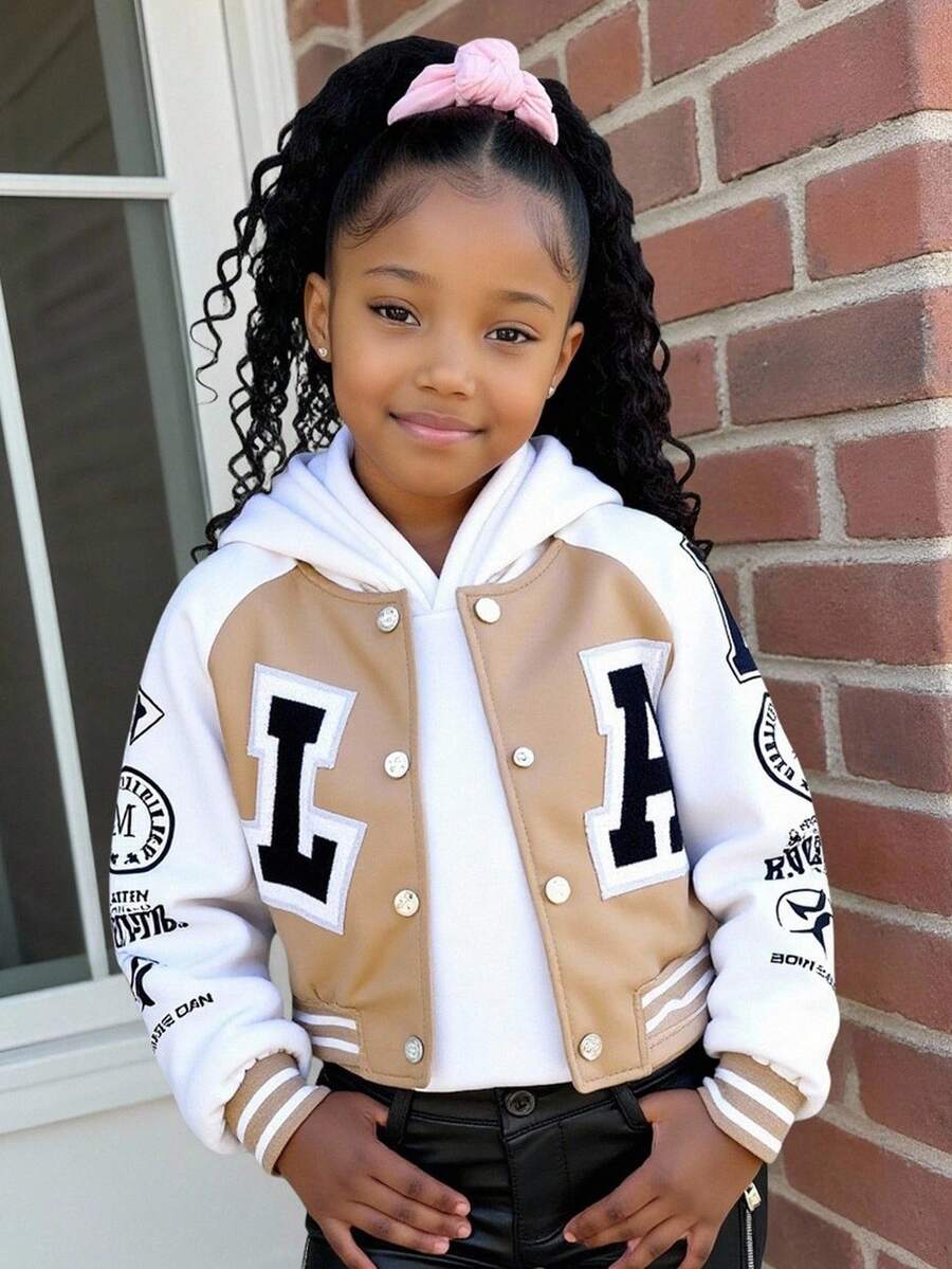 SHEIN Sparklyn Tween Girl PU Patchwork Letter Print Short Bomber Jacket - Khaki - View 1
