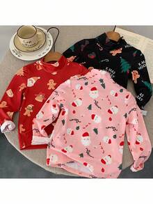 SHEIN 3pcs Young Girl Halloween Graphic Knit Stand Collar Casual T-Shirt Set - Multicolor - View 2