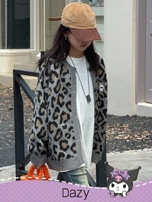 DAZY HELLO KITTY AND FRIENDS | SHEIN 秋冬款少女休闲卡通刺绣豹纹开衫 - 灰色 - 查看 5