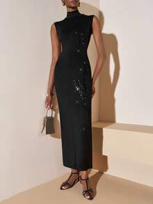 Zivah 2025 年秋季新款音乐节、复活节、圣帕特里克节、西部风、游牧风、生日派对、毕业季、学院风、学生装、日常休闲、基本百搭、休闲、度假、邮轮旅行、海滩、日光浴、病毒式传播、街头服饰、婚礼宾客波西米亚风、通勤、早午餐、机场、派对和节日服装优雅无袖超长紧身连衣裙，黑色闪亮亮片刺绣面料 - 黑色 - 查看 8