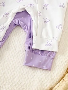SHEIN 2pcs Newborn Baby Girl Autumn Outfit, Comfortable & Cute Bow Pattern Long Sleeve Jumpsuit Set, Suitable For Any Occasion Fall Winter - Mauve Purple - View 5