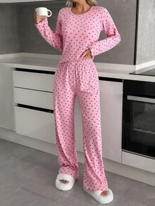 SHEIN Cottnline Cotton Plus Size Women Heart Letter Pattern Rib Knit Round Neck With Long Sleeve Top&Pants Homewear Comfort Lounge Set For Ladies - Pink - View 4