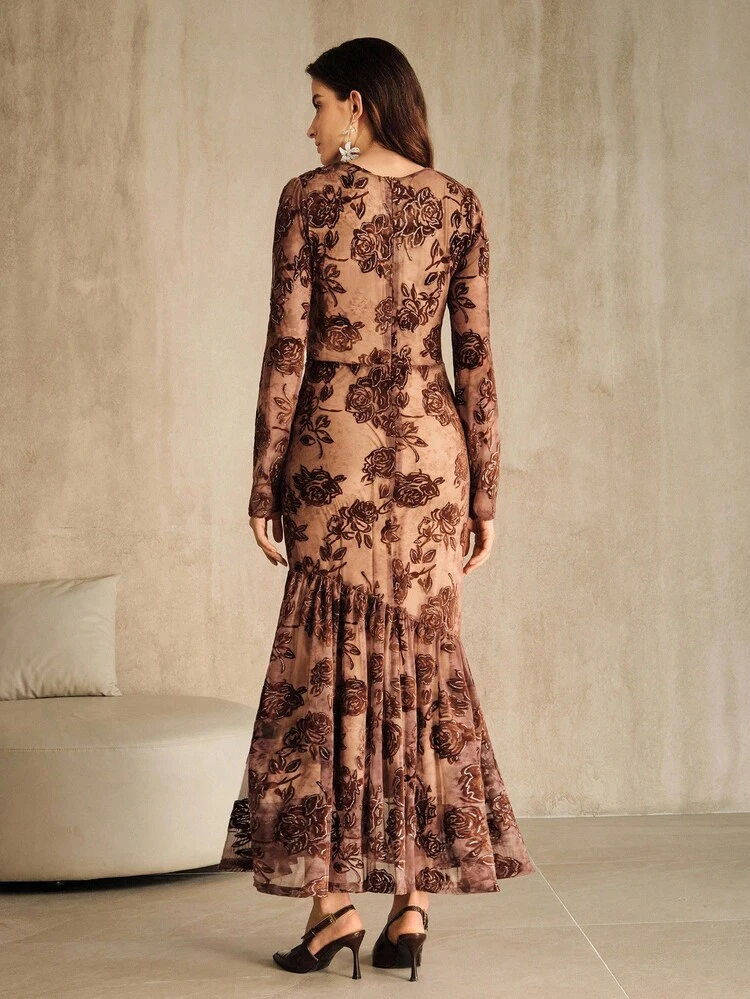 Vestido de cola de pez de manga larga con cuello en V y estampado de terciopelo para mujer, otoño/invierno