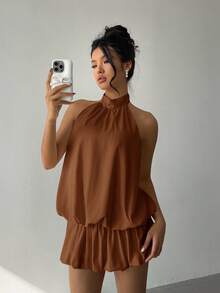 Aloruh Women's Casual Vacation Style Solid Color Backless Tie Knot Ruffle Hem Mini Dress, Summer - Coffee Brown - View 7