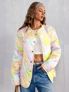 EURMUSE Graphic Print Button Front Quilted Winter Coat - Multicolor - View 4