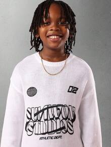 SUMWON Youth Oversized Knit Jumper Retro Graphic Athletic Department Streetwear Fashion Sweater With Black Contrast Stripes Crew Neck Long Sleeve Winter Pullover Fall - Black and White - View 3