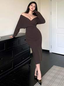 DAZY 女式纯色 V 领蝙蝠袖长袖修身优雅针织连衣裙，秋季毛衣裙 - 咖啡棕 - 查看 6