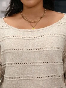 SHEIN CURVE+ 大码女款大码圆领宽松针织毛衣，简约风格，适合度假和休闲穿着，适合秋冬季、万圣节、圣诞节、返校季 - 杏色 - 查看 4