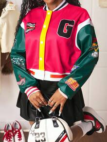 Slaydiva 2025 秋冬新品 音乐节、毕业、学生装、日常休闲、基础百搭、街头风、酷女孩、校队风、字母图案、短款长袖、PU 袖拼接、撞色块女式运动衫夹克 - 彩色 - 查看 5