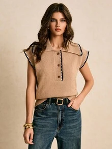 Poéselle Women's Floral Trim Polo Collar Casual Loose Knit Vest - Apricot - View 6