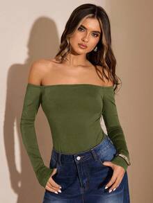 SHEIN BAE 1pc Women's Solid Black Off Shoulder Long Sleeve Backless Bodysuit, Elegant Bodysuit, Autumn/Winter Layering Bodysuit