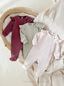SHEIN 新生儿柔软罗纹针织无脚睡衣，拉链开合，砖红色、浅粉色、灰色、绿色，百搭纯色组合，多件装，秋冬家居服 - 彩色 - 查看 5