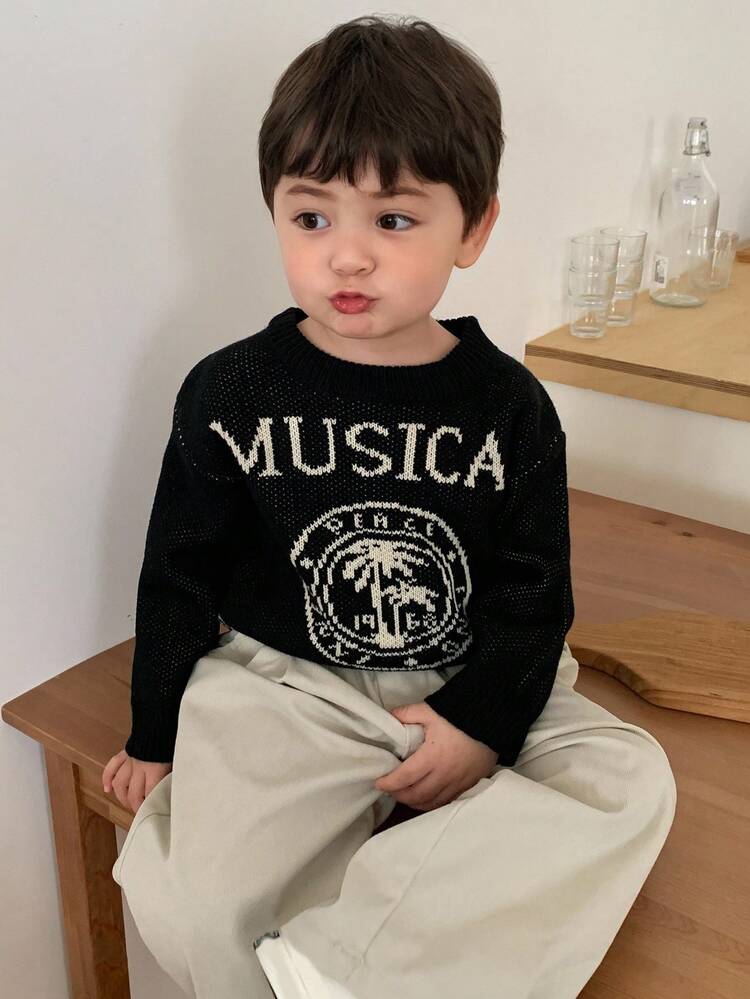 Toddler Boys' Crew Neck Contrast Color English Letter Knit Sweater, Autumn/Winter