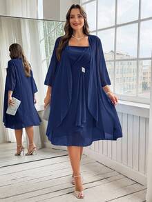 Ellevyn Conjunto elegante de chaqueta de manga 3/4 de frente abierto y vestido con tirantes gruesos para mujer de talla grande de unicolor - Azul Marino - Ver 6