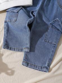 SHEIN Playful Pals 2 件套婴幼儿休闲装，包括 1 件白色连帽针织字母印花长袖运动衫和 1 条蓝色松紧腰口袋牛仔裤，适合休闲、运动装、日常穿着、外出、旅行，适合 6 个月至 2-3 岁儿童 - 彩色 - 查看 7