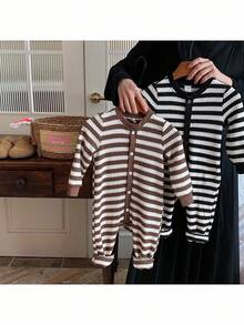 Set de 2 piezas Mono casual de punto a rayas con cuello redondo para bebé niño - Multicolor - Ver 1