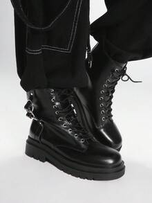 Sugerpunk Gothic Style Round Toe Thick Heel PU Leather Punk Boots With Metal Circle Buckle Design, Suitable For Party, Daily Wear, And Casual Chic - Black - View 4