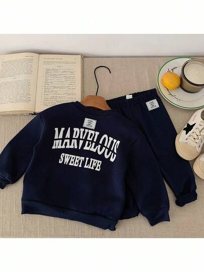 Conjunto de 2 piezas de sudadera con cuello redondo y leggings con gráfico de letras de unicolor para niña bebé