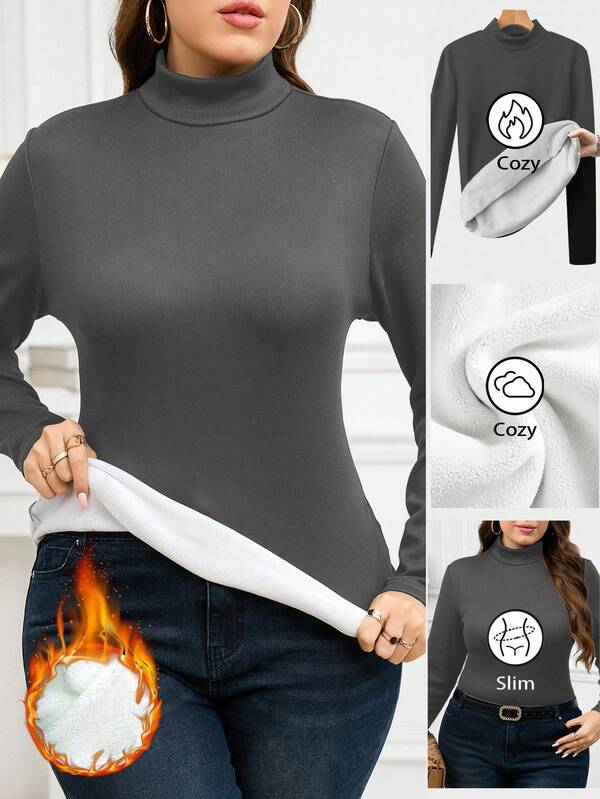 SHEIN Clasi Plus Size Women Thermal Lined Long Sleeve T-Shirt, Autumn/Winter