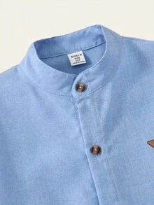 SHEIN Mirajuku 青少年男孩休闲日常通勤简约纯色立领单排扣衬衫，春秋季 - 藍色 - 查看 8