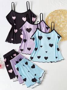 6 件套 Tween 女童多色吊带背心和短裤，包括：纯紫色配黑色心形、黑色底色配粉色心形、牛仔蓝绿色配黑色心形，可调节金属扣，非常休闲舒适的材料 - 彩色 - 查看 2