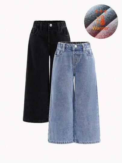 2件装女童宽松保暖牛仔裤，秋季服装，黑色和蓝色，女童冬季牛仔裤