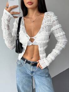 Chiquease Women's Autumn Back To School Striped Lace Crochet Long Sleeve V-Neck Cinched Waist Cardigan Sweater - Apricot - View 5