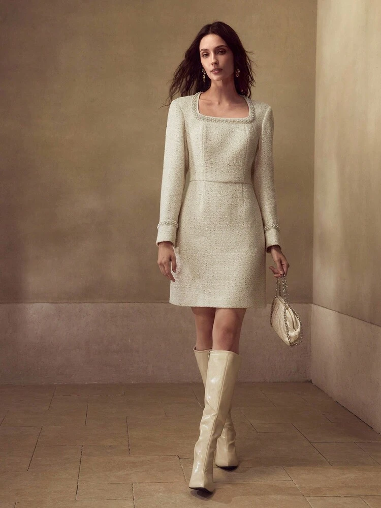TWEED FAUX PEARL TRIM DRESS