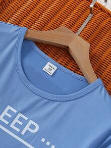 2 件男童休闲圆领长袖睡衣套装，含 SLEEP 印花上衣和格子宽松裤，柔软针织面料 - 藍色 - 查看 6