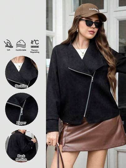 SHEIN LUNE 秋季大码女式纯色长袖拉链休闲摩托车夹克