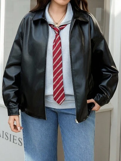 SHEIN LUNE 大码女式黑色纯色长袖拉链翻领PU皮机车夹克，防风保暖，带多功能口袋，适合秋季穿着，内衬保暖层，2025新款，大码女式长袖口袋休闲夹克，秋季女装，冬季女装，复古风，外出服，秋季服装，大码秋季服装，女士办公服，女士秋季服装，女士优雅服装，女士秋季服装，办公室，万圣节，万圣节服装，女士万圣节服装，秋季上衣，复古风格女士长款外套，男女通用服装，女士休闲办公服，女士冬季服装，女士冬季毛衣，圣诞节女装，适合多种场合