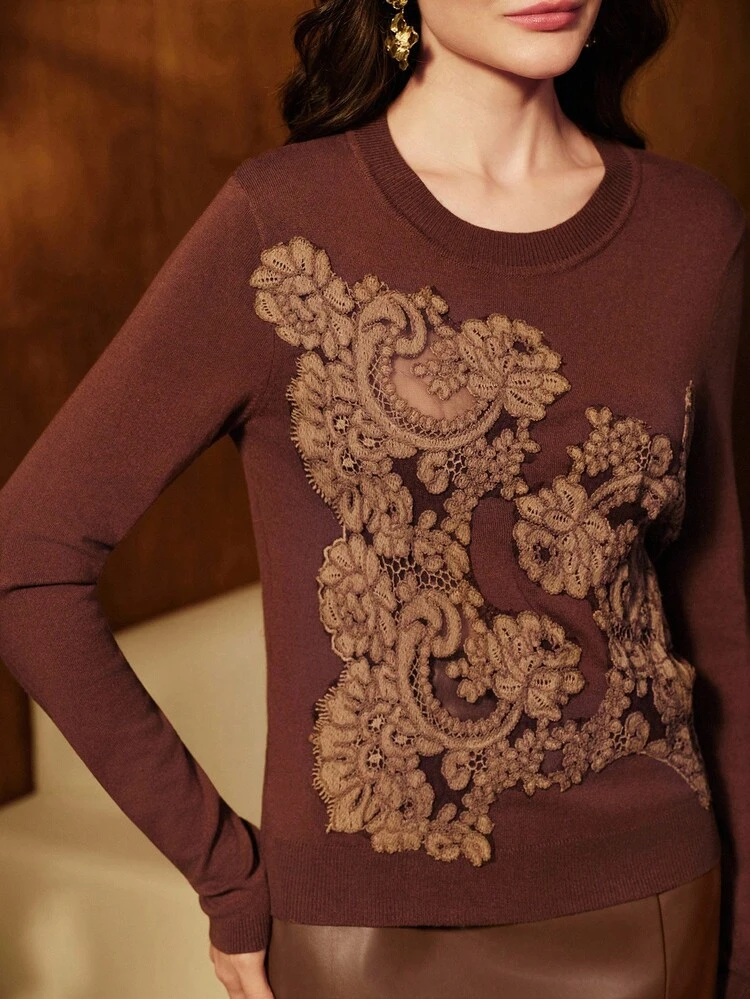 女性用エレガントなレース付きクロシェット編みパッチワークセーター、秋冬、クリスマス、新年会、パーティー、エレガント、高級、フォーマル、シック向け