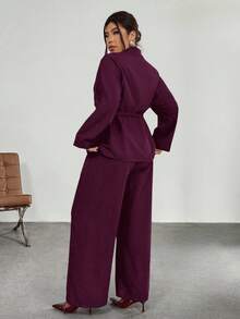 Firerie Plus Size Solid Color Minimalist Casual Long Sleeve Top And Pants Suit Two Piece Set Women Elegant Wide Leg Pants Set/Winter Burgundy Old Money Office - Burgundy - View 2