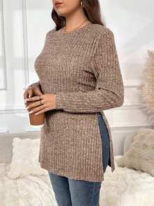 SHEIN Frenchy T-shirt à manches longues décontracté à col rond, manches raglan et côtes avec fente, taille grande - Marron - Voir 5